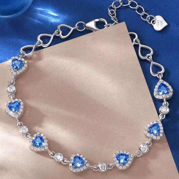 S925 Heart of the Ocean Bracelet Female Heart-Shaped Gemstone Silver Crystal Wedding Anniversary Birthday Gift for Wife