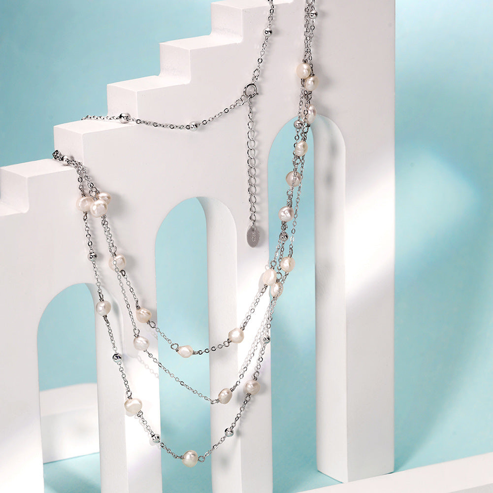 Triple-Layer Freshwater Pearl Necklace with Sparkling CZ Accents – Adjustable Layered Chain Necklace