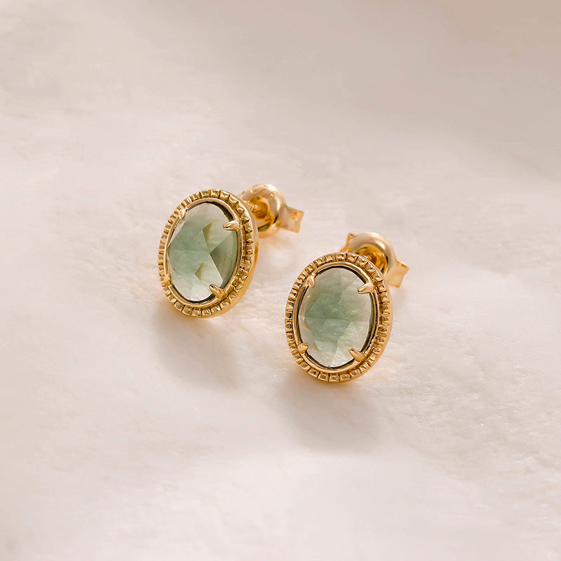 Dunli Jewelry Factory Wholesale Fashionable Simple Design S925 Silver-Plated 14K Gold-Green Amethyst Studs