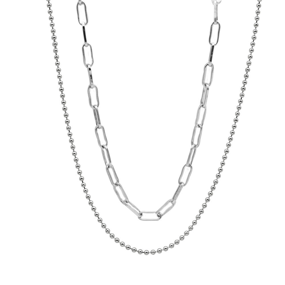 Dual-Layer Silver Chain Necklace – Minimalist Paperclip & Beaded Layered Design for Women