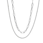 Dual-Layer Silver Chain Necklace – Minimalist Paperclip & Beaded Layered Design for Women
