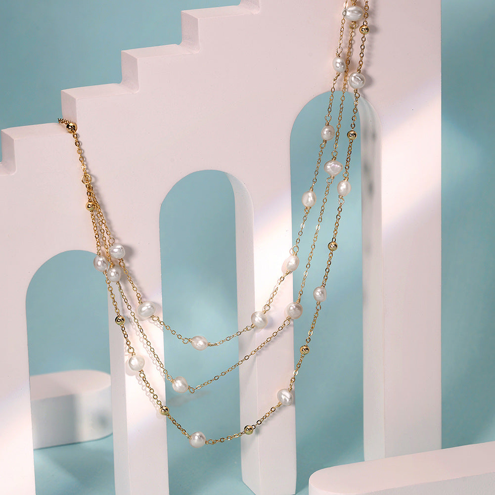 Triple-Layer Freshwater Pearl Necklace with Sparkling CZ Accents – Adjustable Layered Chain Necklace