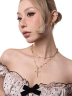 Starlight Aura Layered Cross Pearl Necklace