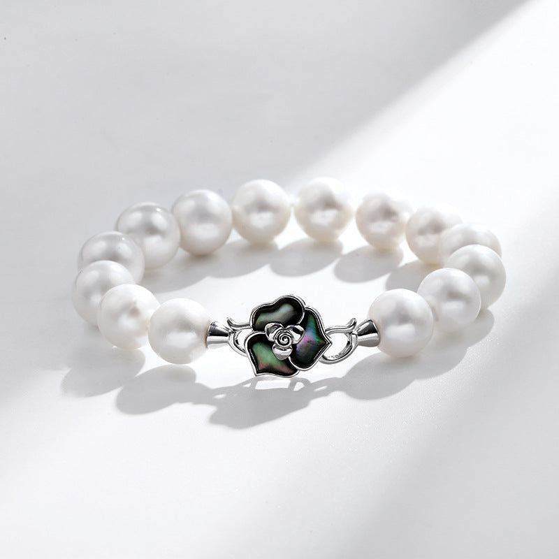 Camellia Flower Pearl Bracelet — 925 Sterling Silver Single Strand Freshwater Pearl Bracelet with Iridescent Abalone Shell Inlay | Elegant Floral Jewelry for Women