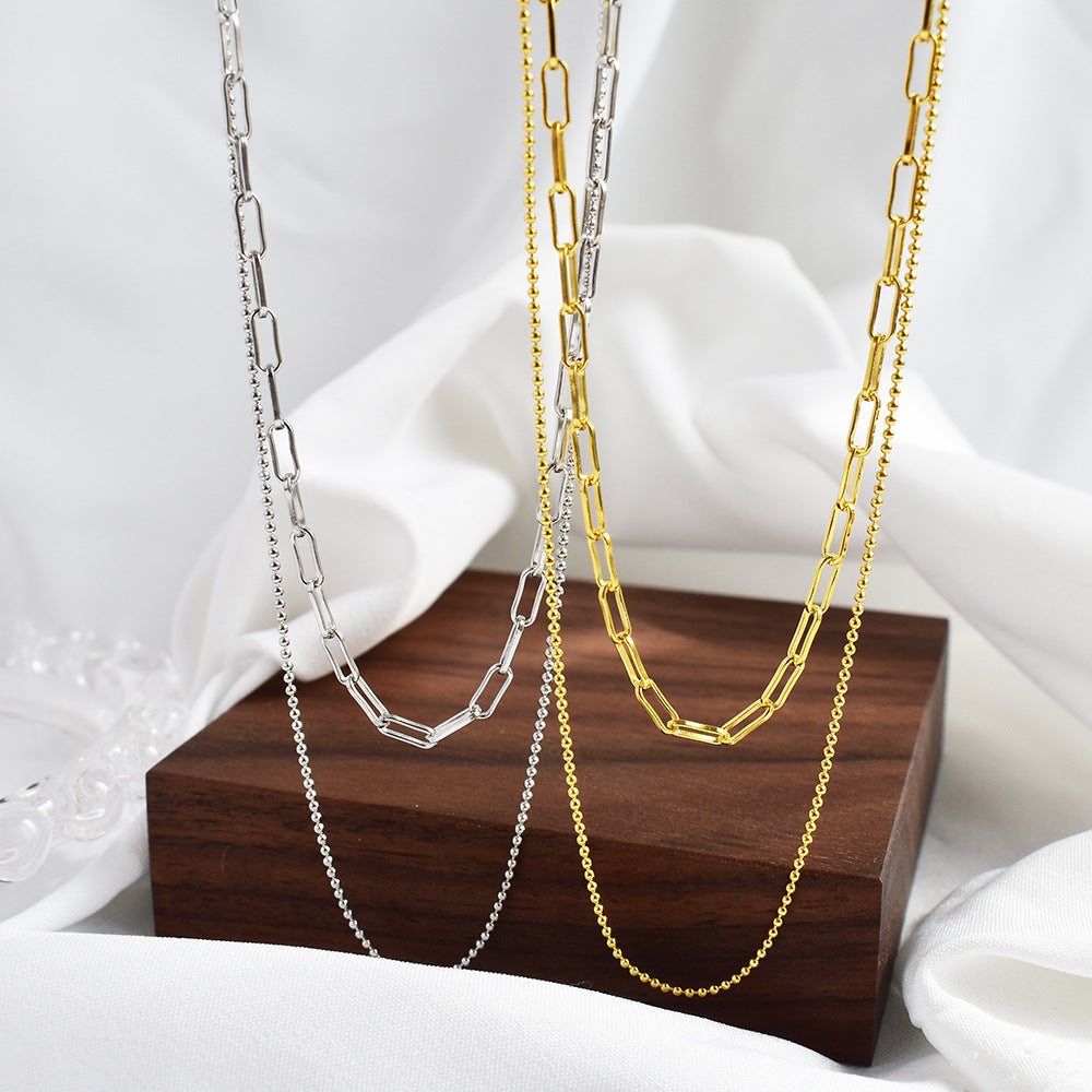 Dual-Layer Silver Chain Necklace – Minimalist Paperclip & Beaded Layered Design for Women