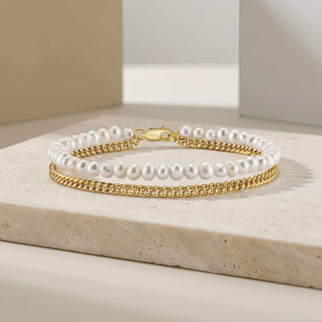 New 925 Pure Silver Jewelry Pearl Bracelet Gold-Plated Women's Fashion Jewelry Amazon Hot Item Chain Set Manufacturer Wholesale