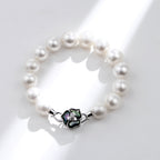 Camellia Flower Pearl Bracelet — 925 Sterling Silver Single Strand Freshwater Pearl Bracelet with Iridescent Abalone Shell Inlay | Elegant Floral Jewelry for Women