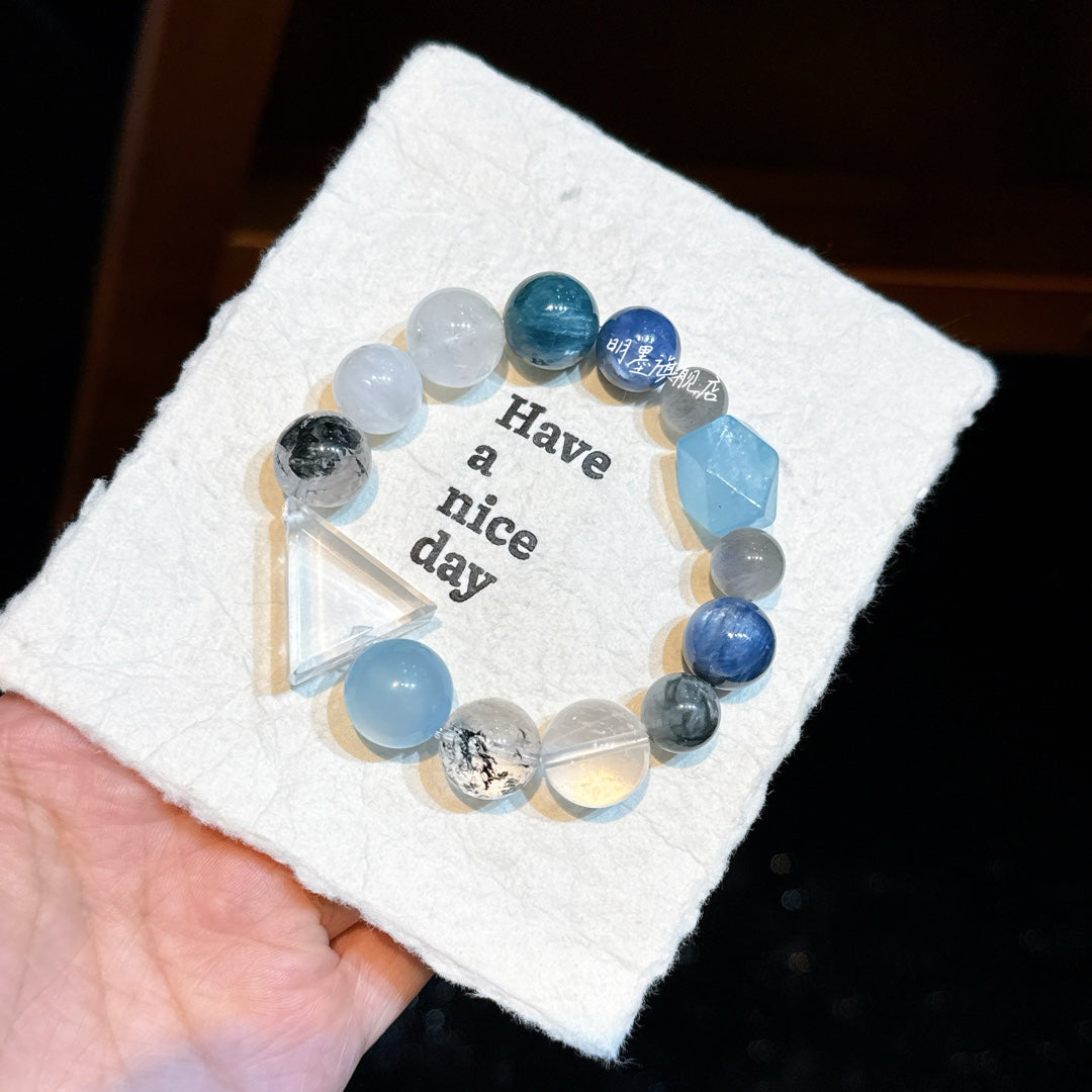Natural crystal white triangular aquamarine white ghost multi-material sapphire, multi-material design women's bracelet in new Chinese style