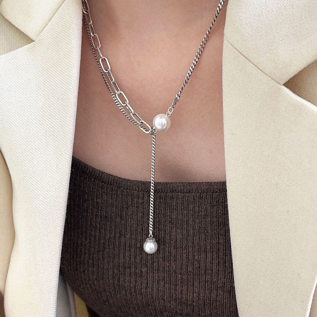 Yinruitai S925 pure silver double-layer stacked pearl necklace for women, light luxury INS niche design collarbone chain, trendy