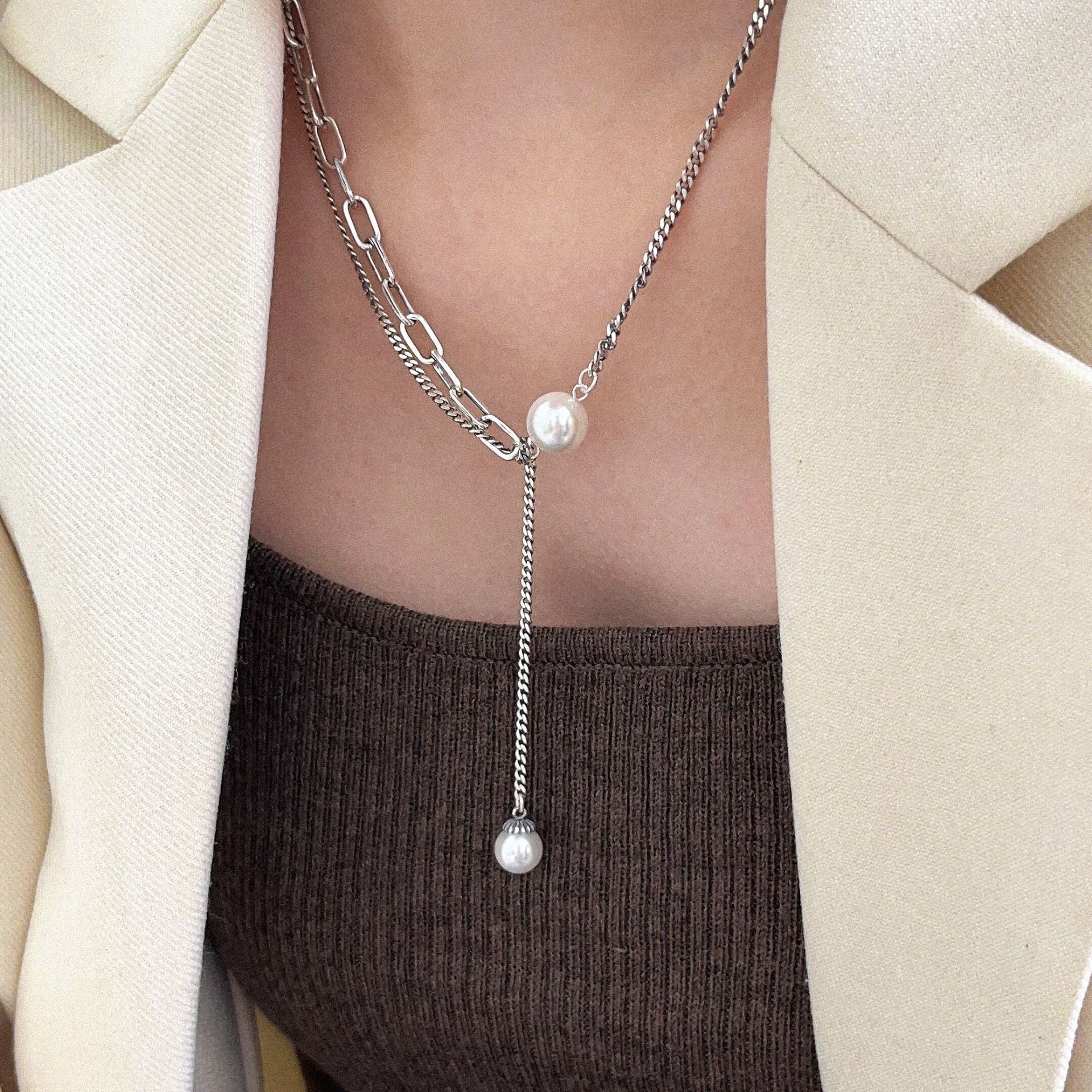 Yinruitai S925 pure silver double-layer stacked pearl necklace for women, light luxury INS niche design collarbone chain, trendy