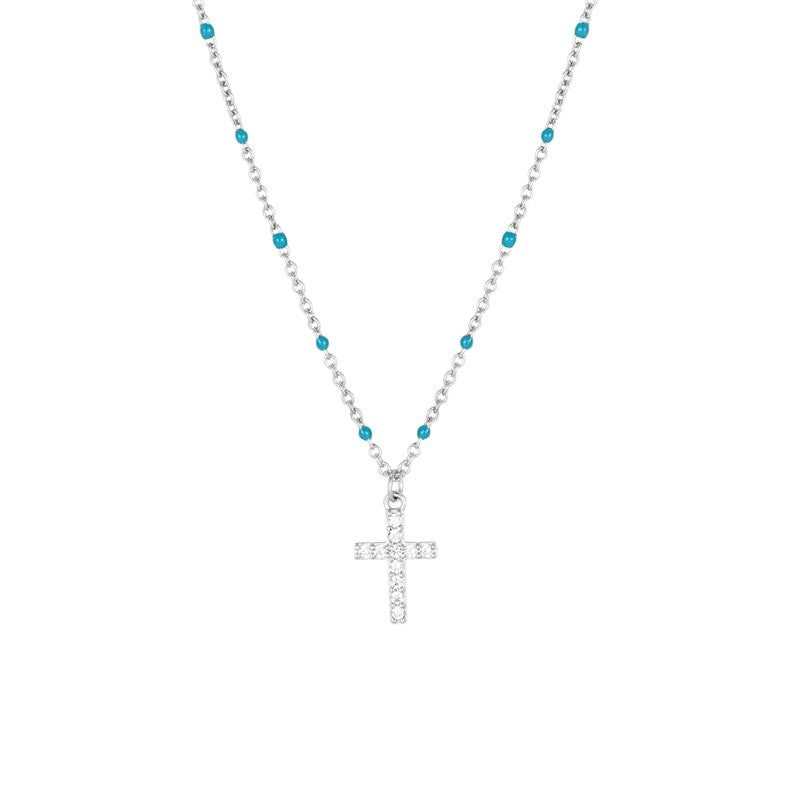 Gold Cross Pendant Necklace with Turquoise Beads – Sparkling Crystal Chain Jewelry