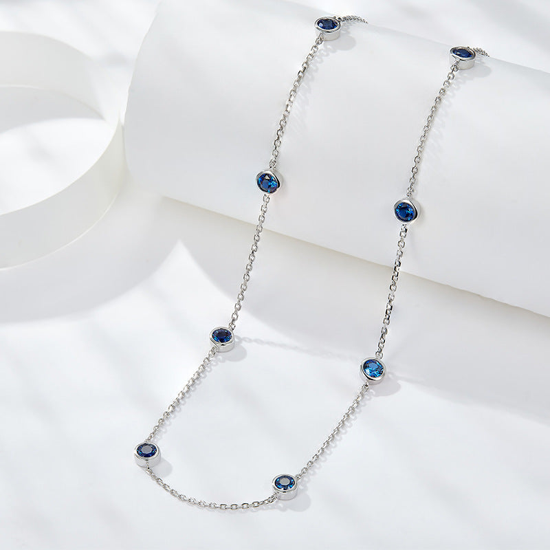 Sterling Silver Blue Sapphire Necklace – 8-Stone Round Cut Pendant with Lobster Clasp
