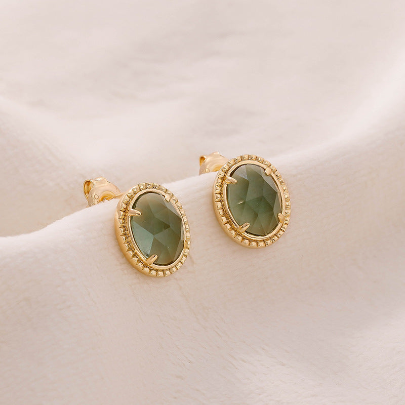 Dunli Jewelry Factory Wholesale Fashionable Simple Design S925 Silver-Plated 14K Gold-Green Amethyst Studs