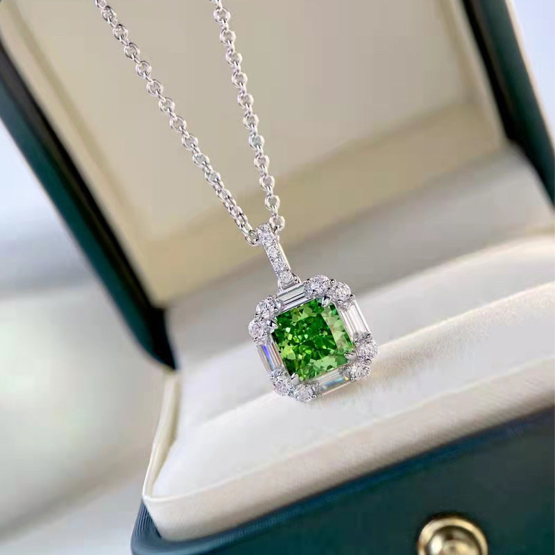 Emerald & Diamond Halo Pendant Necklace in Platinum