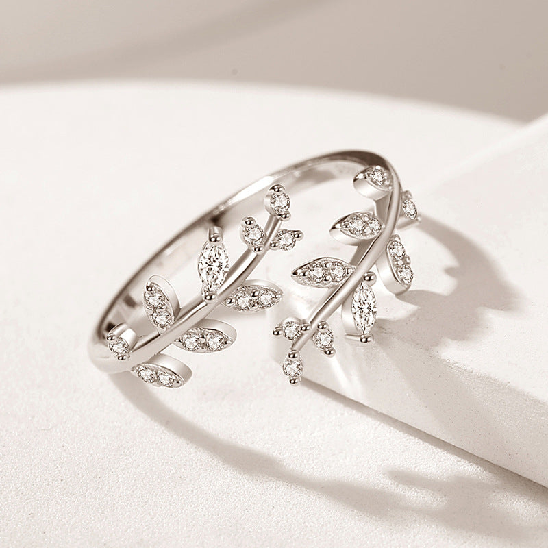 Elegant Leaf Branch Adjustable Ring for Women – S925 Sterling Silver Cubic Zirconia Open Ring