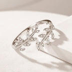 Elegant Leaf Branch Adjustable Ring for Women – S925 Sterling Silver Cubic Zirconia Open Ring