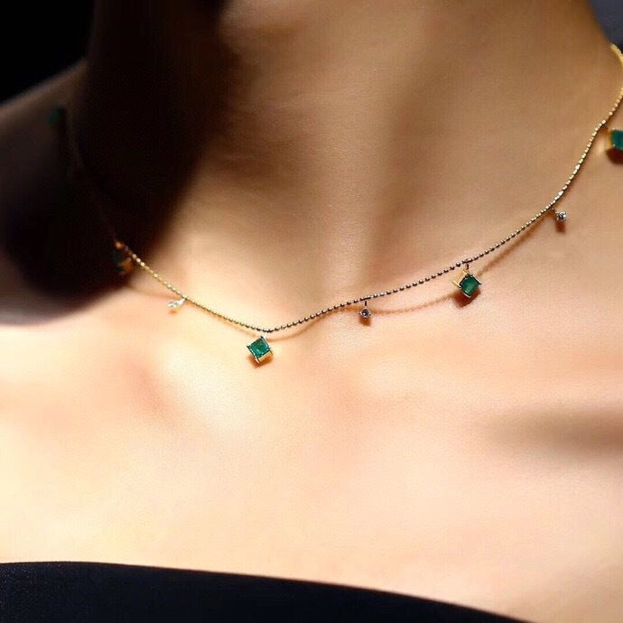 S925 Sterling Silver 18K Gold Plated Emerald &amp Diamond Multi-Stone Starry Pendant Necklace