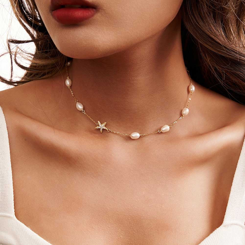 Celestial Pearl Star Necklace – Elegant Freshwater Pearl Chain with Crystal Star Accent | Minimal Luxury Jewelry for Women