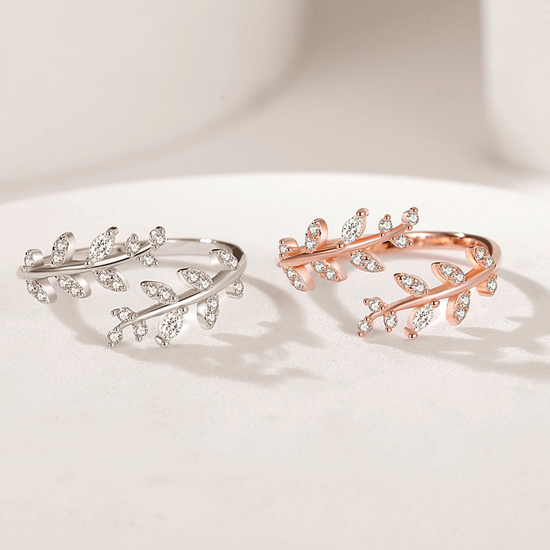 Elegant Leaf Branch Adjustable Ring for Women – S925 Sterling Silver Cubic Zirconia Open Ring