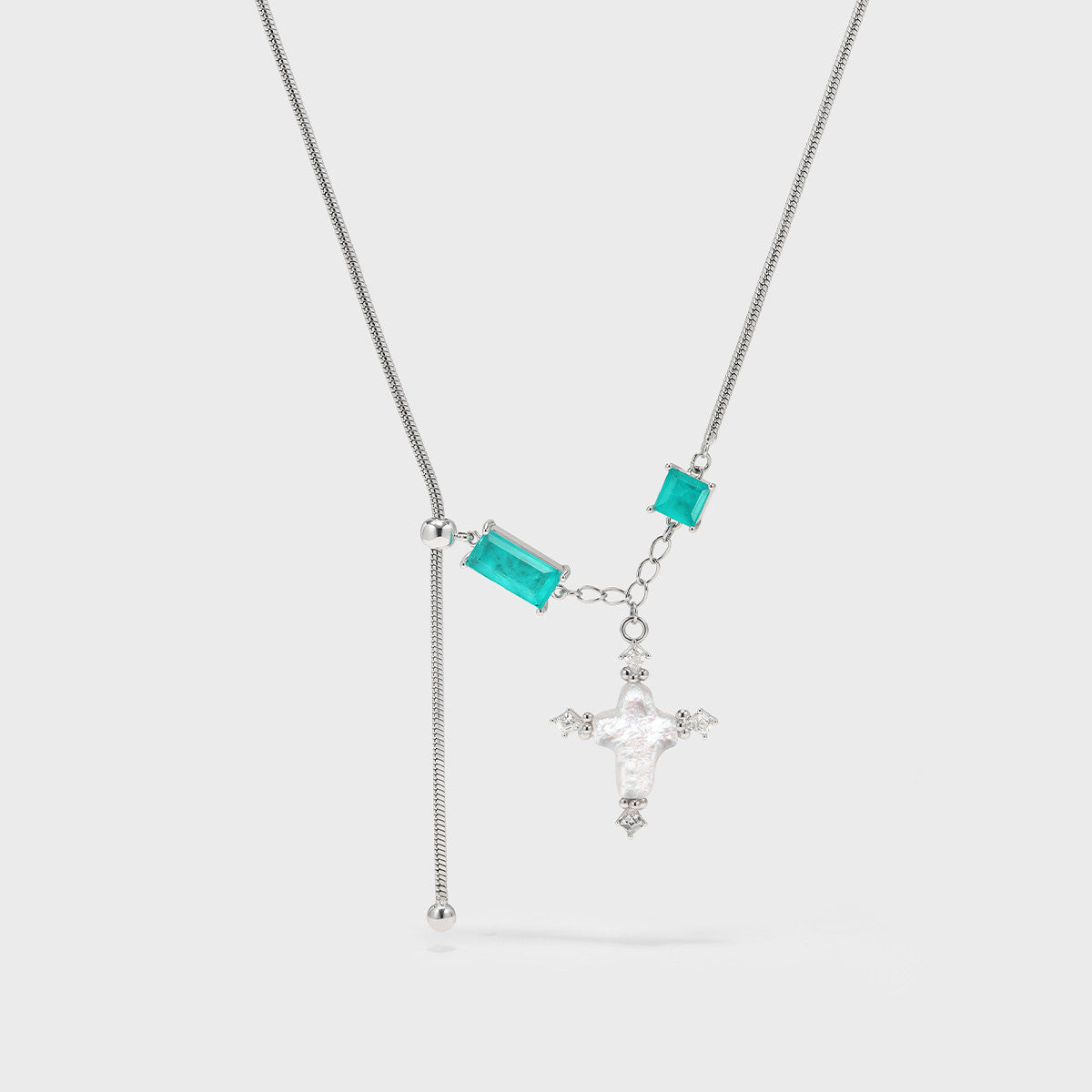 Baroque Cross Color-Block Slider Necklace with Paraiba Stone & Pearl Pendant