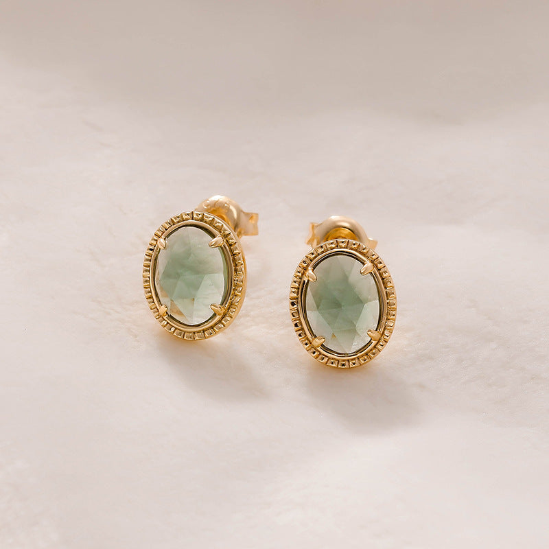 Dunli Jewelry Factory Wholesale Fashionable Simple Design S925 Silver-Plated 14K Gold-Green Amethyst Studs