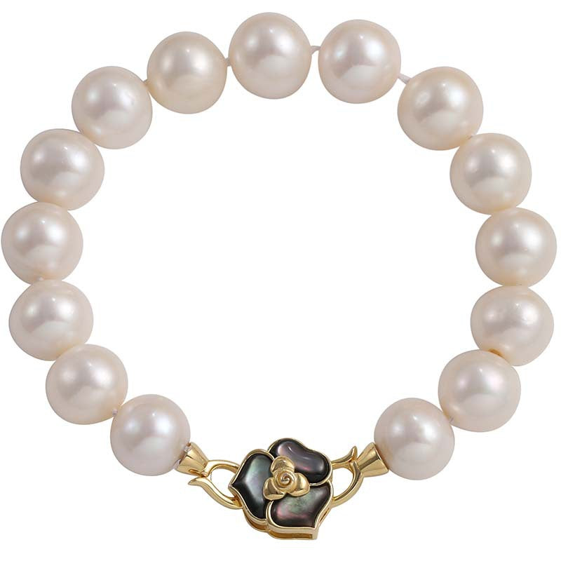 Camellia Flower Pearl Bracelet — 925 Sterling Silver Single Strand Freshwater Pearl Bracelet with Iridescent Abalone Shell Inlay | Elegant Floral Jewelry for Women