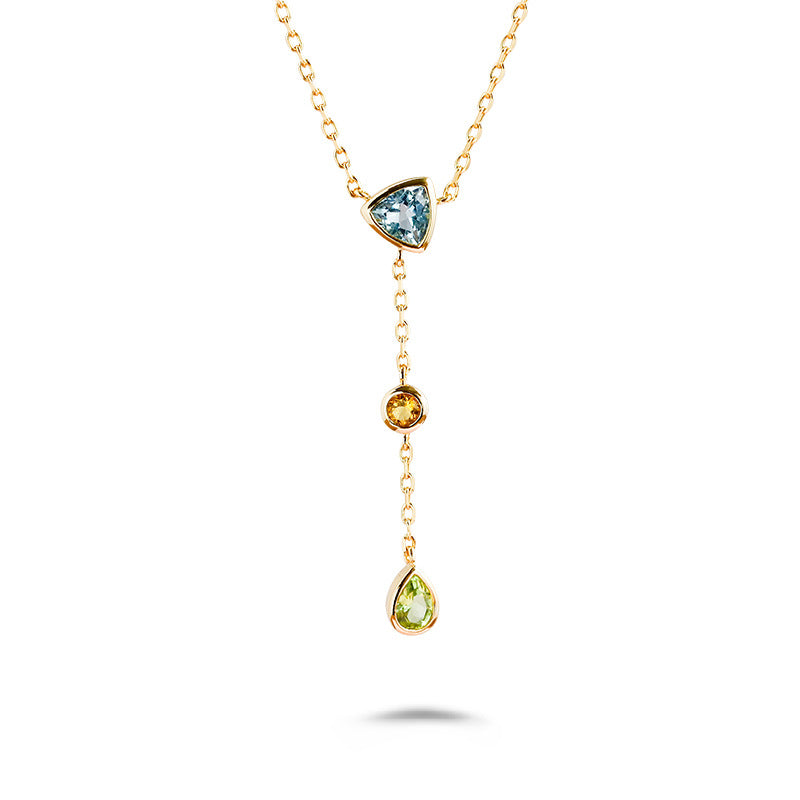 S925 Silver Three-Stone Drop Necklace with Sky Blue & Citrine – Lariat Style Pendant