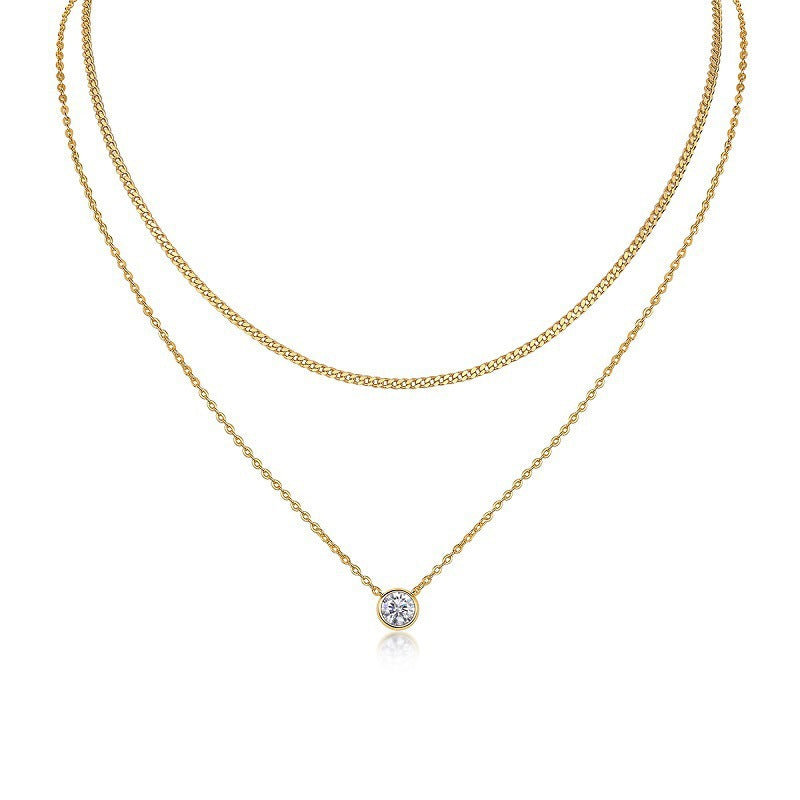 Layered Gold Necklace with Crystal Pendant – Minimalist 925 Sterling Silver Jewelry for Women