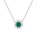 Emerald Halo Pendant Necklace – Round Cut Emerald Center Stone with Double Pavé CZ Surround in Sterling Silver