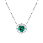 Emerald Halo Pendant Necklace – Round Cut Emerald Center Stone with Double Pavé CZ Surround in Sterling Silver