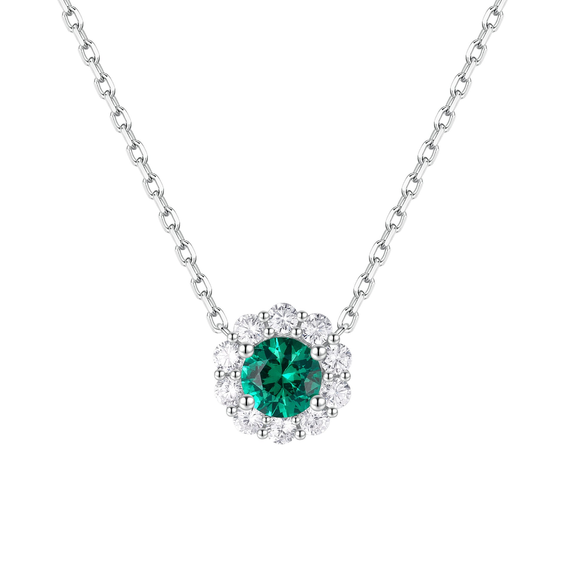 Emerald Halo Pendant Necklace – Round Cut Emerald Center Stone with Double Pavé CZ Surround in Sterling Silver