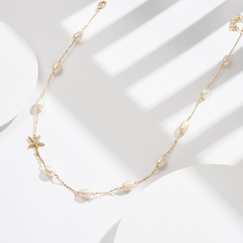 Celestial Pearl Star Necklace – Elegant Freshwater Pearl Chain with Crystal Star Accent | Minimal Luxury Jewelry for Women