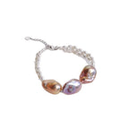 Natural Three-Bead Daba Pearl Bracelet for Women, French Vintage S925 Silver Woven Bracelet, Purple High-Light Baroque