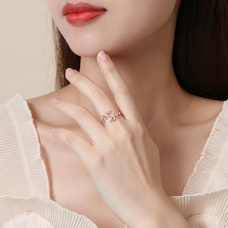 Elegant Leaf Branch Adjustable Ring for Women – S925 Sterling Silver Cubic Zirconia Open Ring