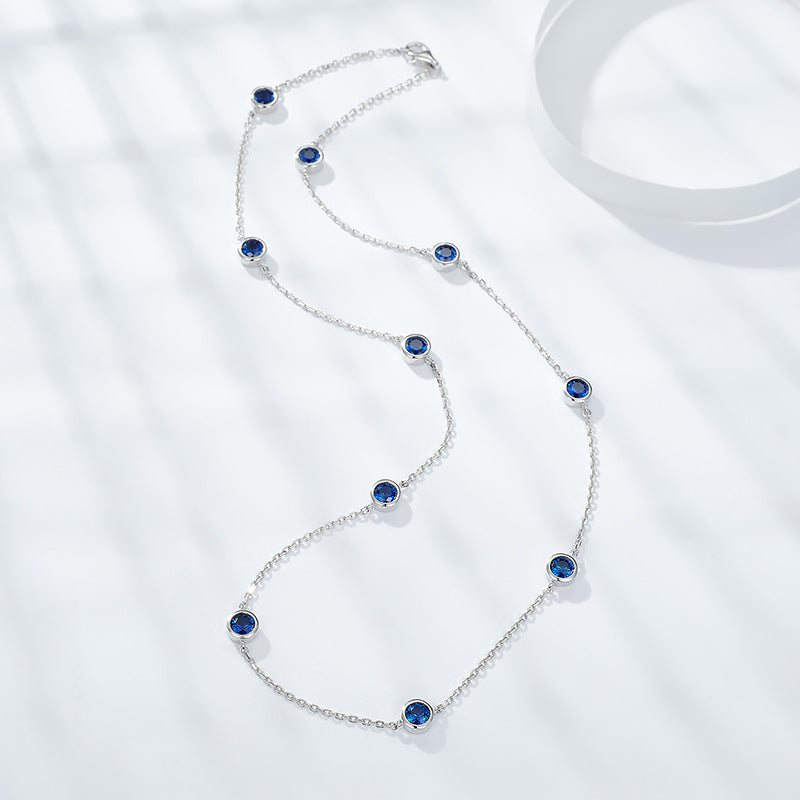Sterling Silver Blue Sapphire Necklace – 8-Stone Round Cut Pendant with Lobster Clasp