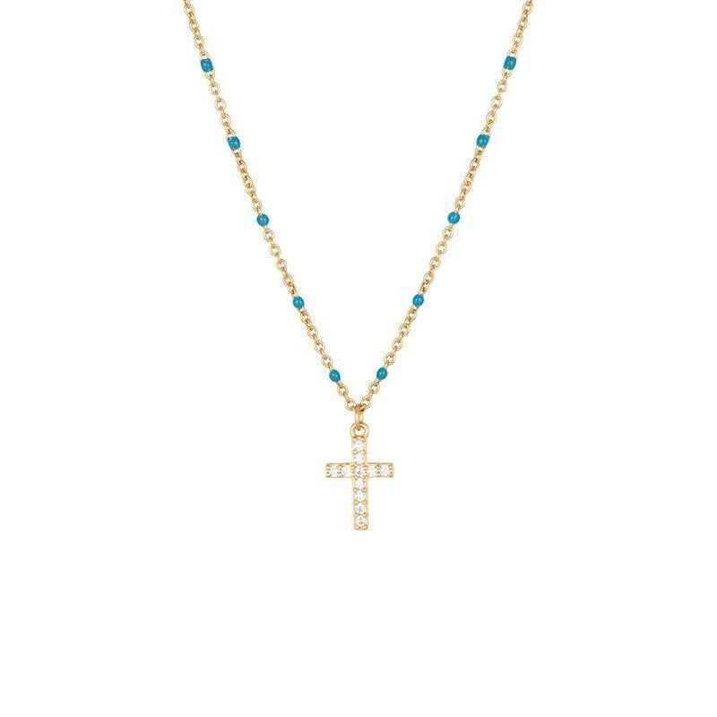 Cross Pendant Necklace with Turquoise Beads – Sparkling Crystal Chain Jewelry