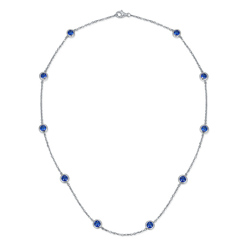 Sterling Silver Blue Sapphire Necklace – 8-Stone Round Cut Pendant with Lobster Clasp