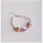 Natural Three-Bead Daba Pearl Bracelet for Women, French Vintage S925 Silver Woven Bracelet, Purple High-Light Baroque