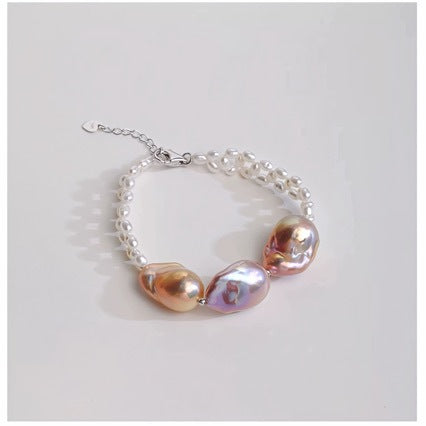 Natural Three-Bead Daba Pearl Bracelet for Women, French Vintage S925 Silver Woven Bracelet, Purple High-Light Baroque