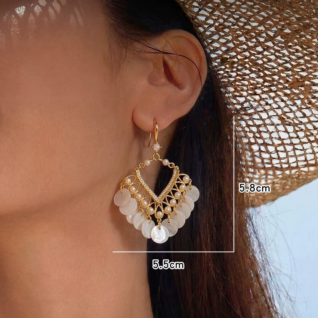 Elegant Vintage Shell Tassel Earrings with Pearl Accents and Sparkling Crystal Details