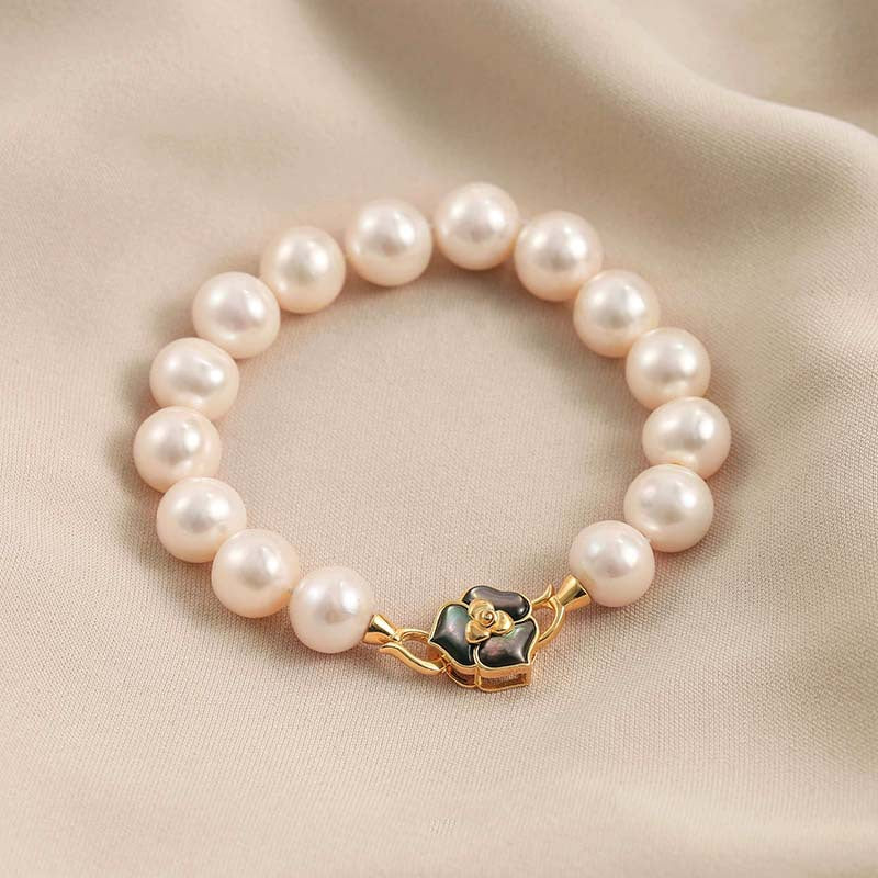 Camellia Flower Pearl Bracelet — 925 Sterling Silver Single Strand Freshwater Pearl Bracelet with Iridescent Abalone Shell Inlay | Elegant Floral Jewelry for Women