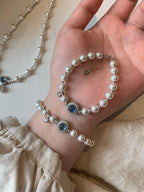 Elegant Ocean Blue Pearl Bracelet with Silver-Tone Zircon Charm