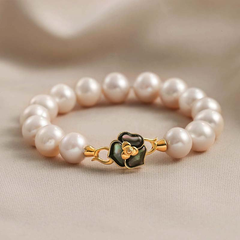 Camellia Flower Pearl Bracelet — 925 Sterling Silver Single Strand Freshwater Pearl Bracelet with Iridescent Abalone Shell Inlay | Elegant Floral Jewelry for Women
