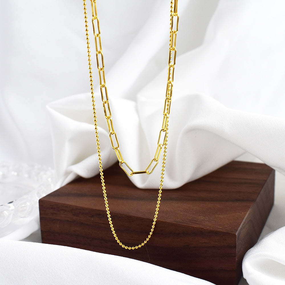 Dual-Layer Silver Chain Necklace – Minimalist Paperclip & Beaded Layered Design for Women