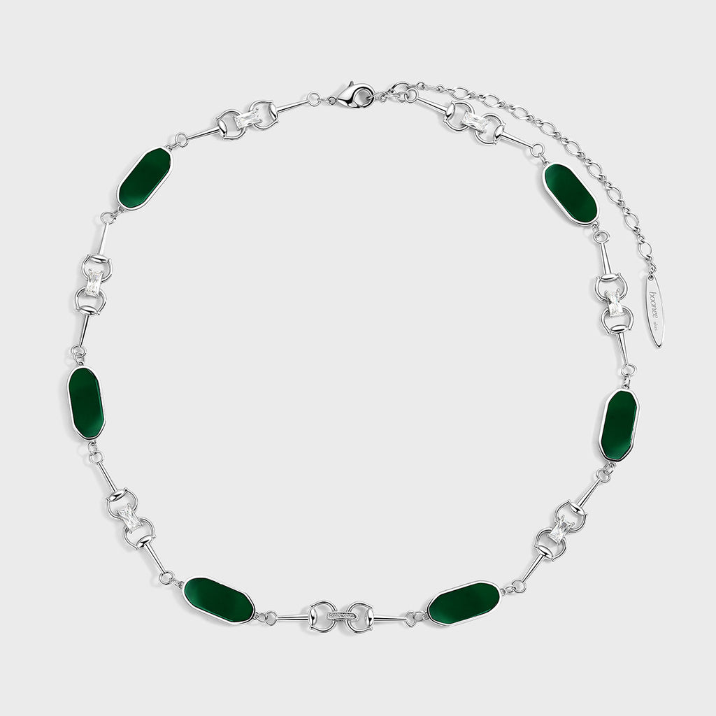 Vintage Red & Green Agate Horsebit Collarbone Necklace with Polished Metal Links