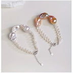 Natural Three-Bead Daba Pearl Bracelet for Women, French Vintage S925 Silver Woven Bracelet, Purple High-Light Baroque
