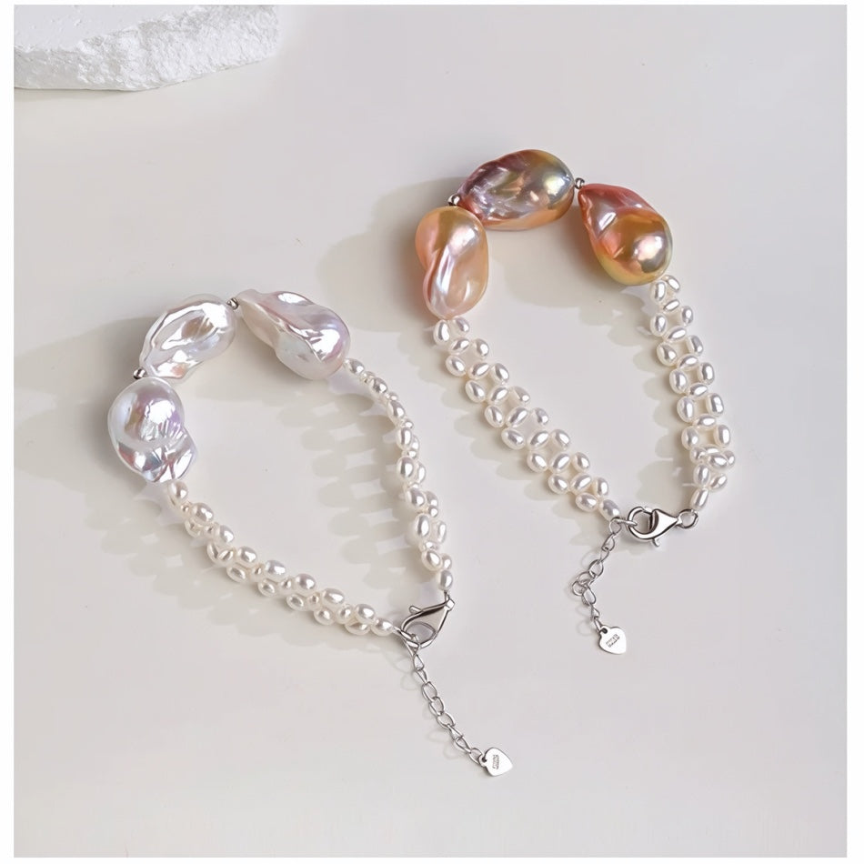 Natural Three-Bead Daba Pearl Bracelet for Women, French Vintage S925 Silver Woven Bracelet, Purple High-Light Baroque