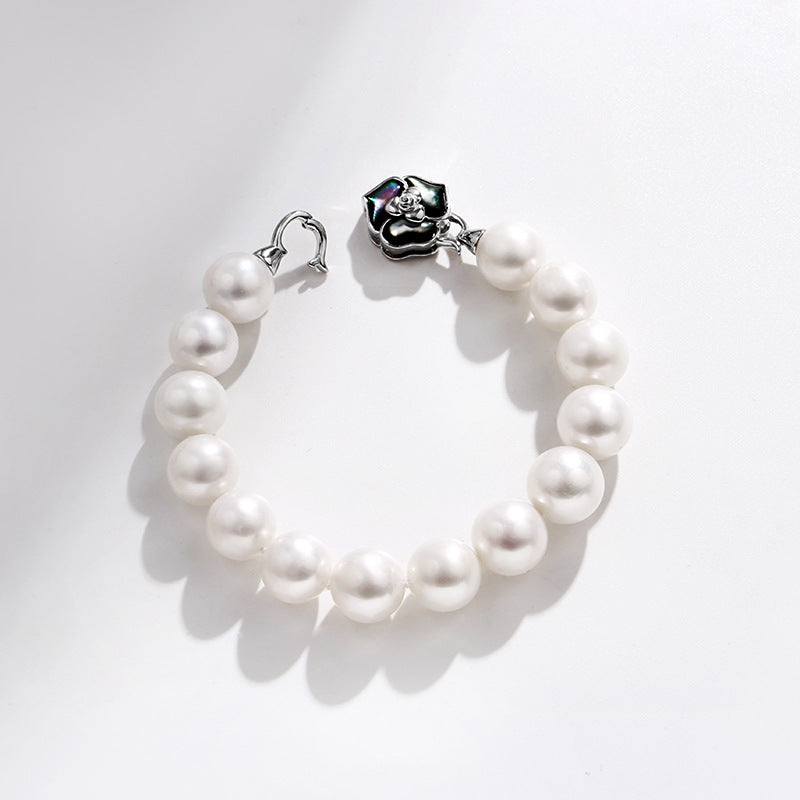 Camellia Flower Pearl Bracelet — 925 Sterling Silver Single Strand Freshwater Pearl Bracelet with Iridescent Abalone Shell Inlay | Elegant Floral Jewelry for Women