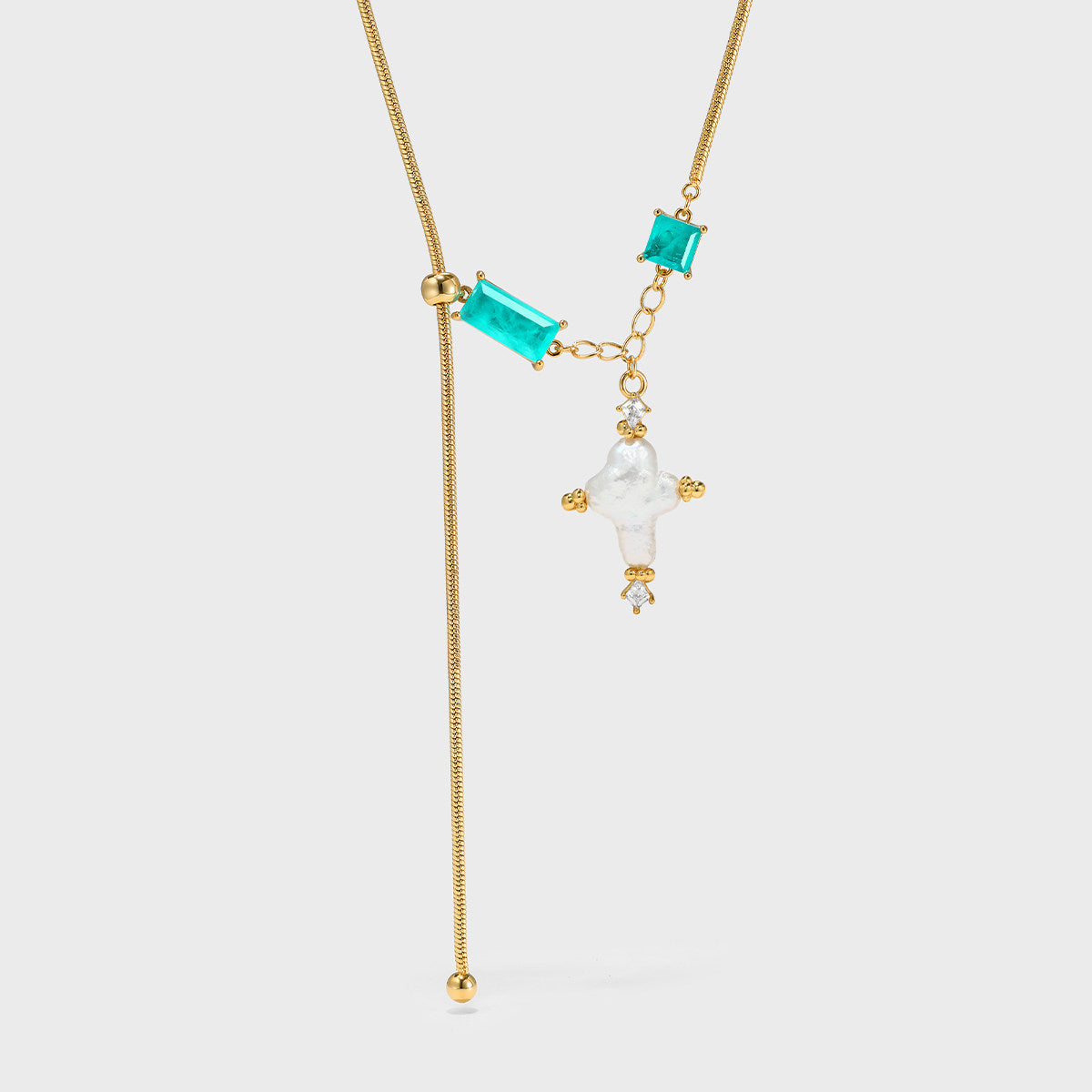 Baroque Cross Color-Block Slider Necklace with Paraiba Stone & Pearl Pendant