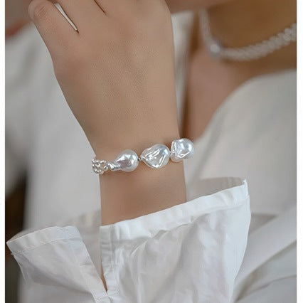 Natural Three-Bead Daba Pearl Bracelet for Women, French Vintage S925 Silver Woven Bracelet, Purple High-Light Baroque